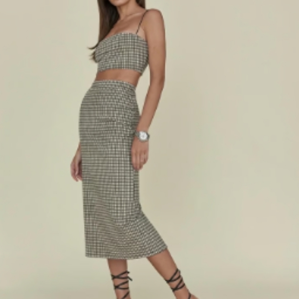 NWOT Reformation Callista Knit Plaid Two Piece | Crop Top Midi Skirt | XS